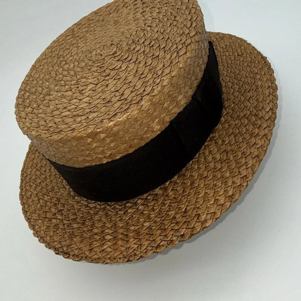 Vintage Boulevard New York Straw Boater‎ Hat Men Brown Black Ribbon Skimmer Hat